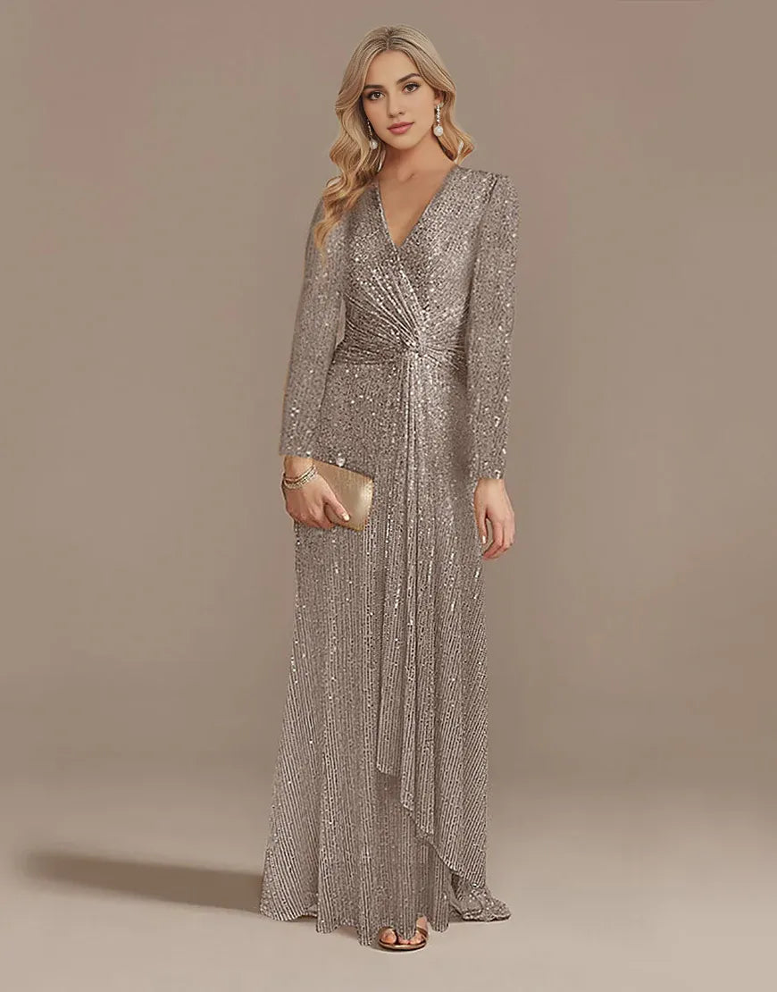 Glitter Navy Mother of the Bride Dress with Long Sleeves