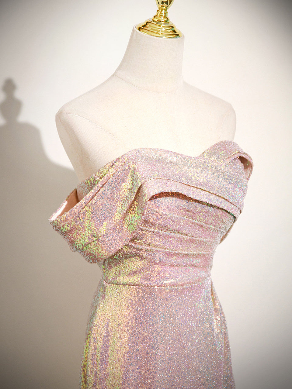 Pink Mermaid Sequins Off the Shoulder Pleats Prom Dress