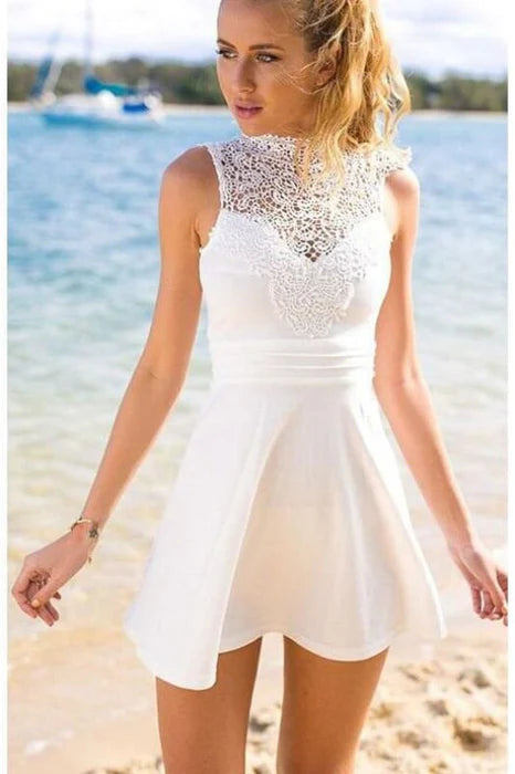 White Lace Top Homecoming Mini Short High Neck Sleeveless Prom Dress