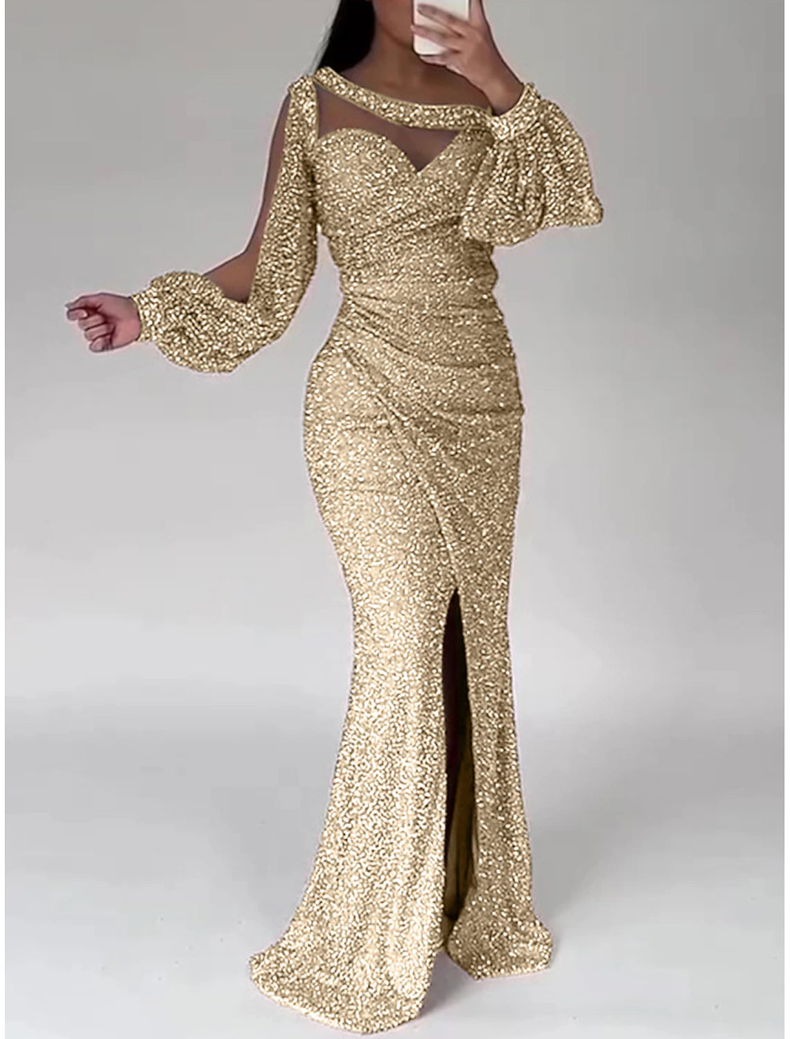 Mermaid Sequin Evening Gown Party Dress Formal Sweep / Brush Train Long Sleeve Scoop Neck with Glitter Ruched Slit Masquerade Dress