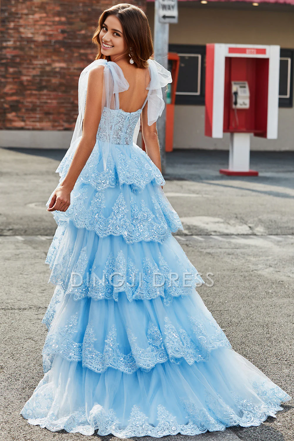 DingJiDress High Quality Dress Fashion Tiered Tulle Sweetheart Bow Tie Straps Sequin With Appliques Prom Dress