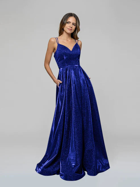DingJiDress V-neck Sparkly A Line Long Prom Dresses Glitter Ball Gown