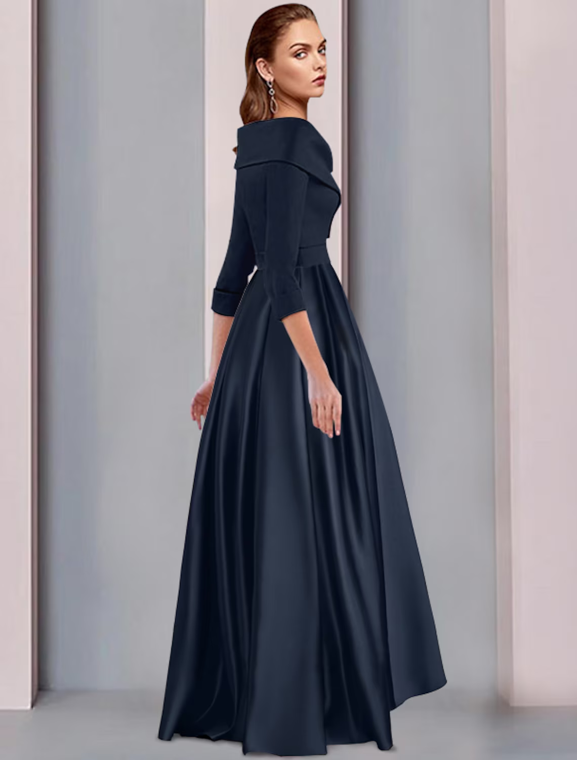 A-Line Mother of the Bride Dress Wedding Guest Vintage Plus Size Elegant V Neck Length Satin 3/4 Length Sleeve with Pleats