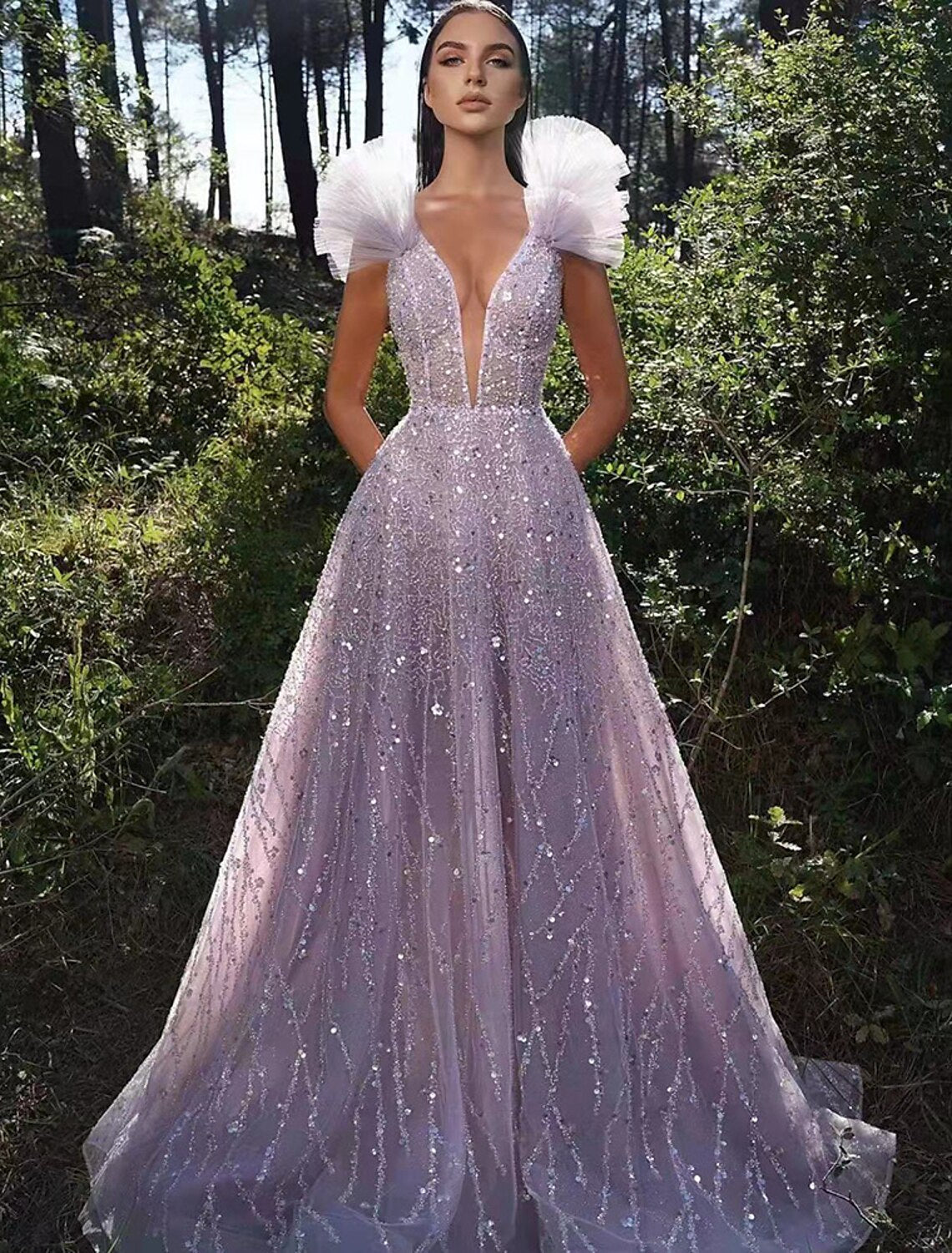 A-Line Prom Dresses Sparkle & Shine Dress Formal Wedding Party Floor Length Sleeveless V Neck Sequined Backless with Sequin Masquerade Dress