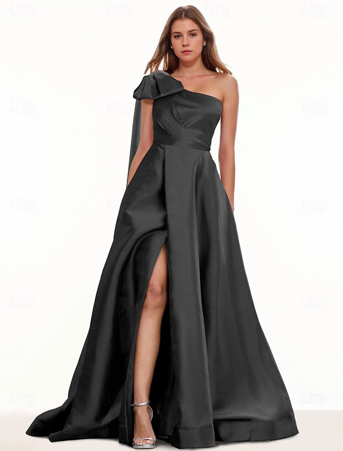 A-Line Evening Gown Elegant Dress Formal Floor Length Sleeveless One Shoulder Satin with Shouder Flower