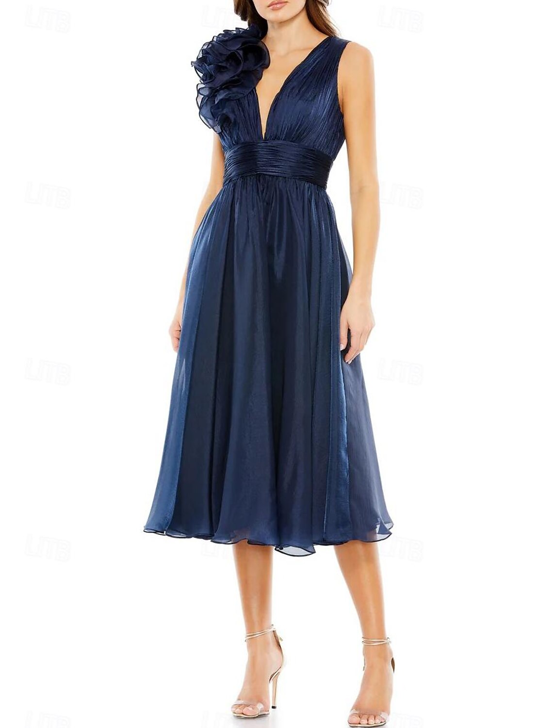 A-Line Wedding Guest Dresses Elegant Dress Formal Cocktail Party Tea Length Sleeveless V Neck with Ruched Appliques