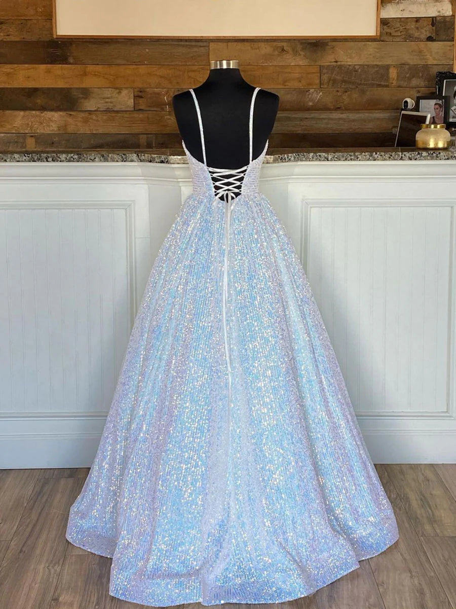 Simple v neck sequin long prom dress sequin evening dress