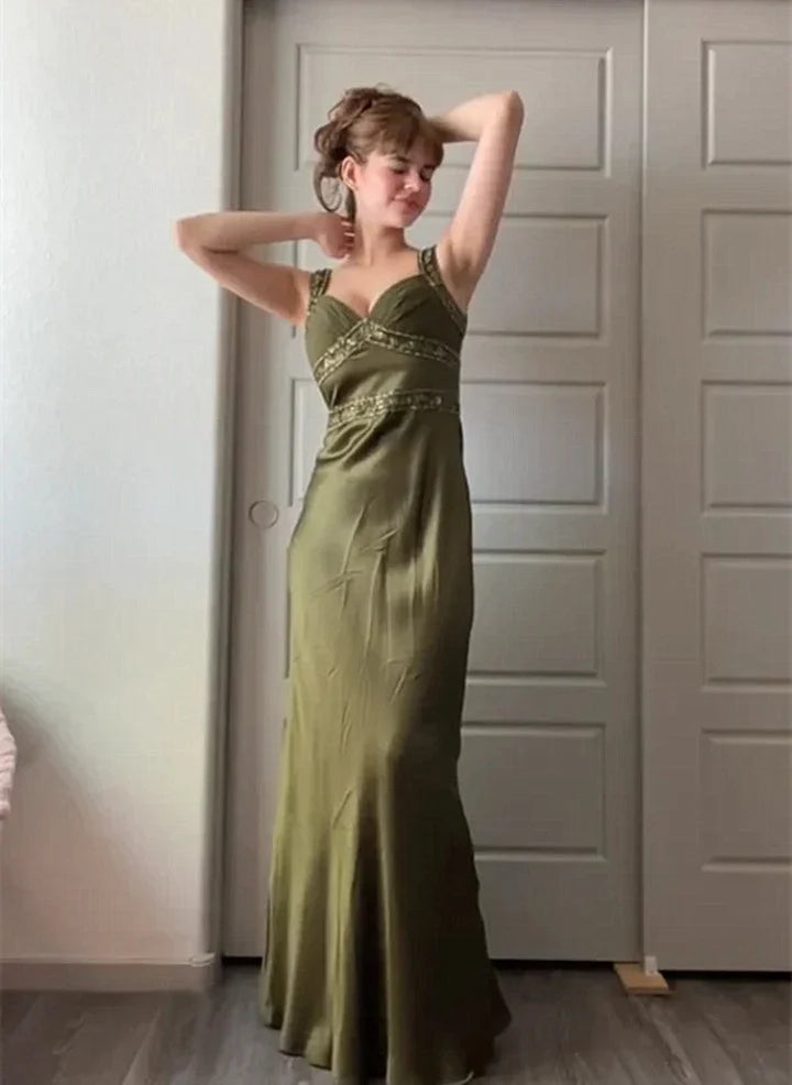 Green Straps Beaded Long Party Dress Green Satin Prom Dress Formal Dress
