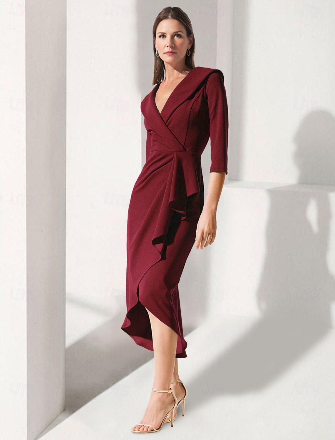 A-Line Dress Mother of the Bride Dress Tuxedo Dress Elegant V Neck Tea Length Stretch Fabric 3/4 Length Sleeve with Pick Up Skirt Ruched Solid Color