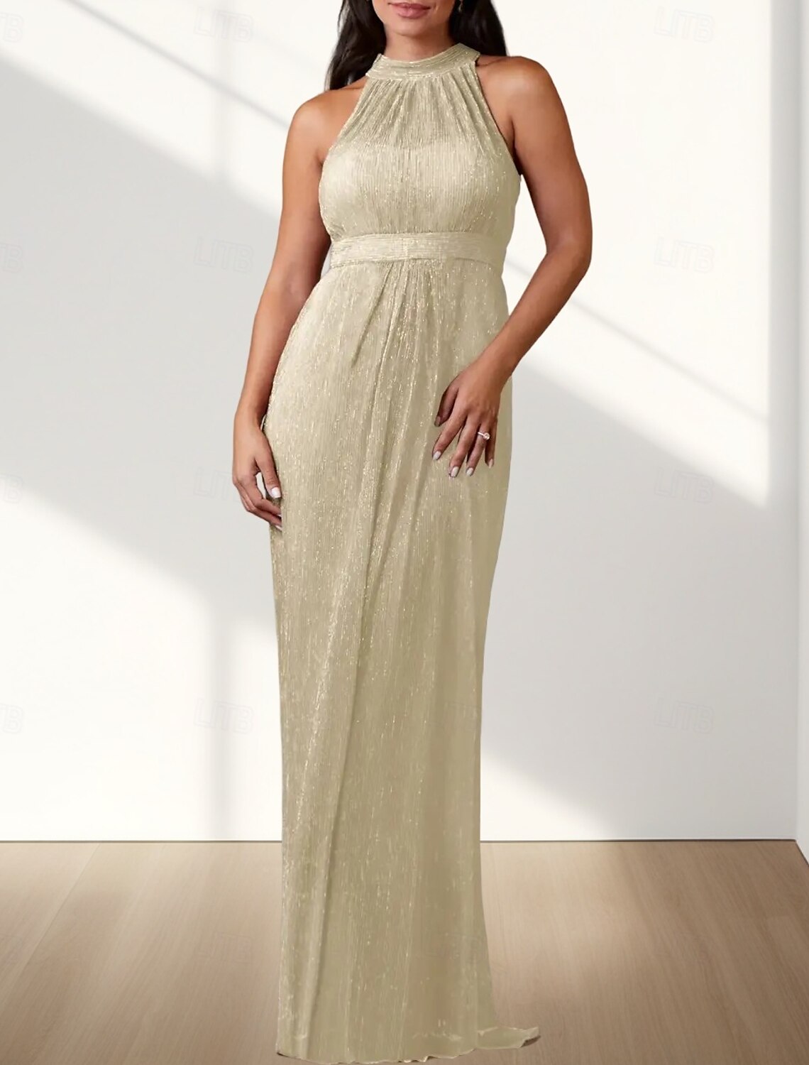Mermaid / Trumpet Mother of the Bride Dress Wedding Guest Elegant Halter Neck Floor Length Chiffon Sleeveless with Pleats
