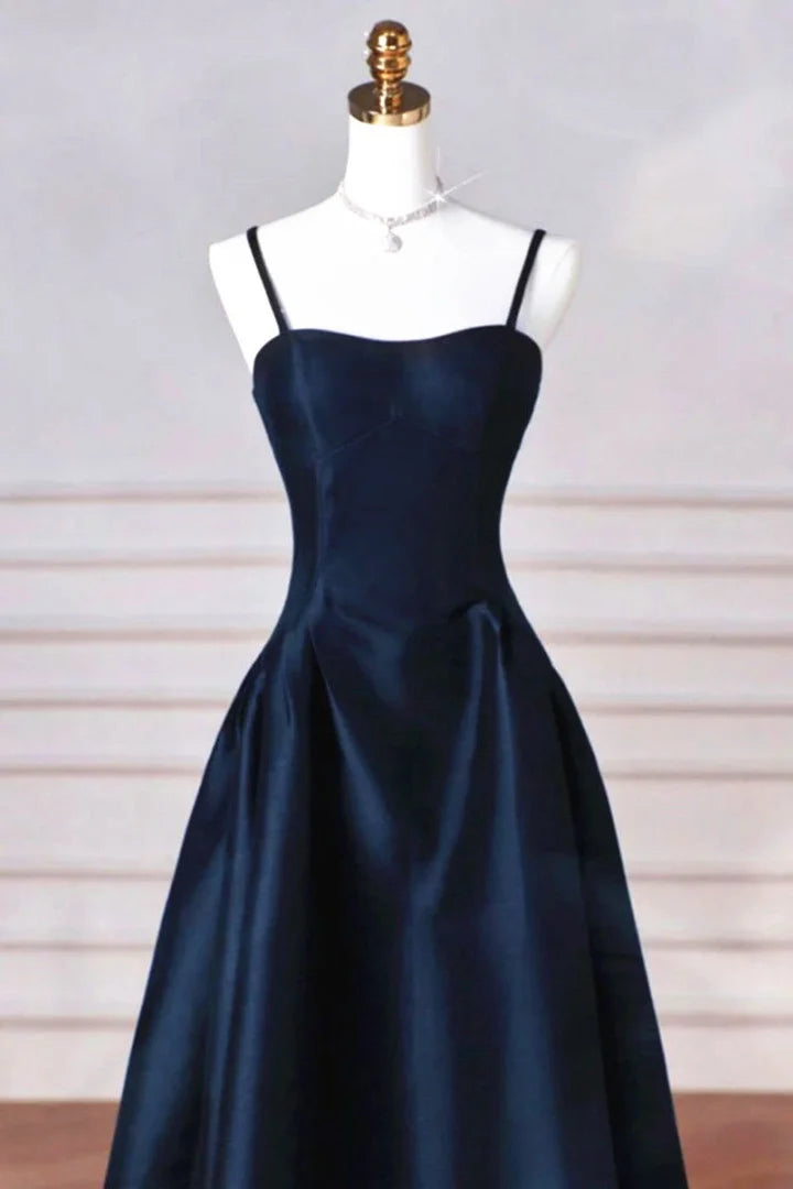 A-line Navy Blue Satin Straps Long Formal DressNavy Blue Prom Dress