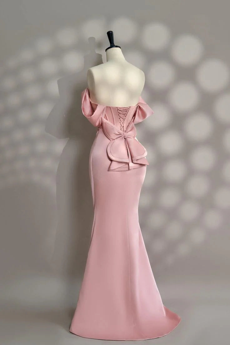 Minimally designed long pink satin off shoulder ball gown and evening gown