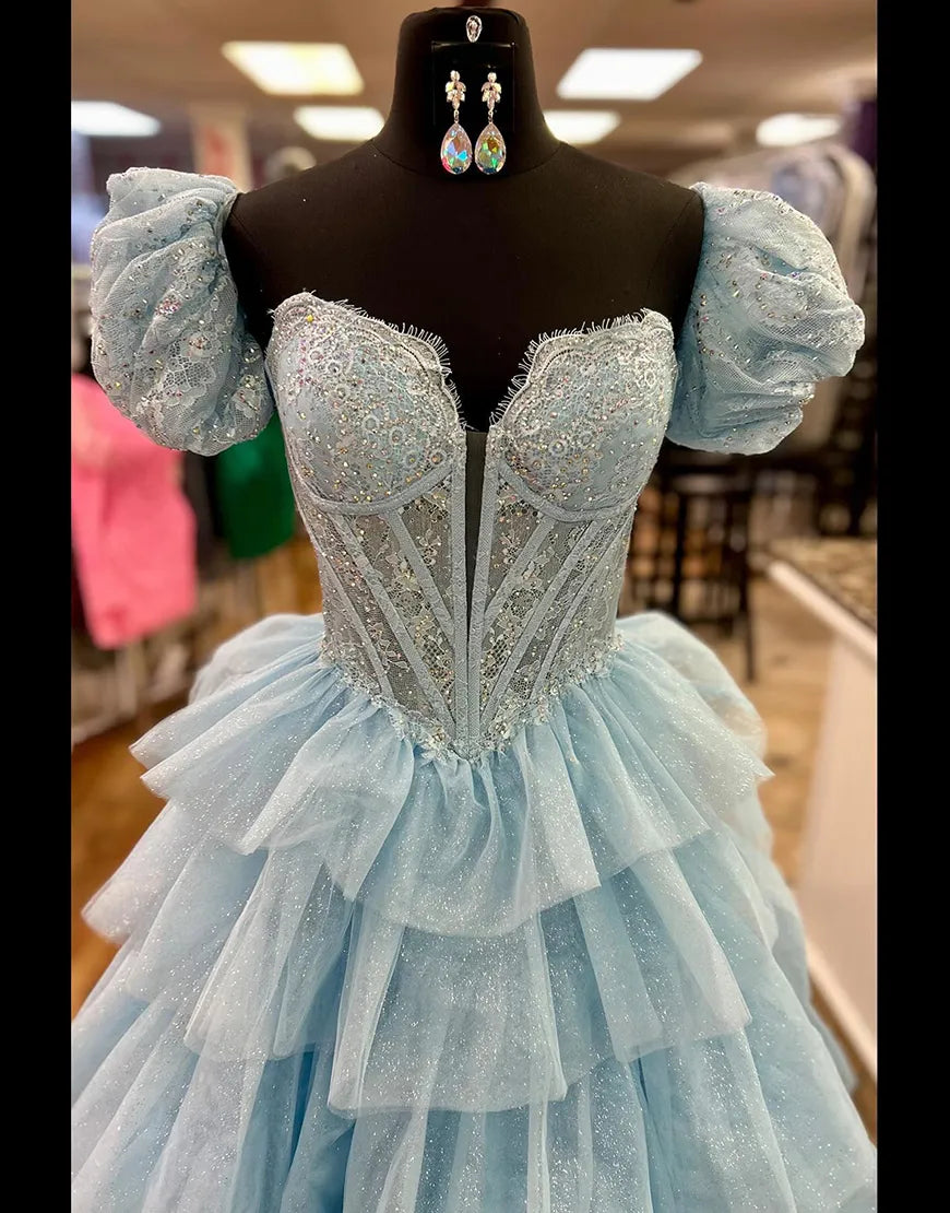 Blue long sequin A-line version off shoulder layered party dress