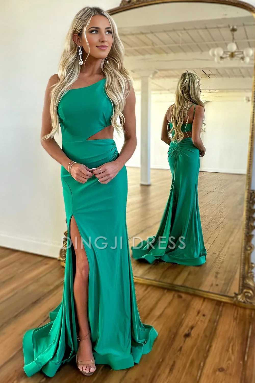DingJiDress Simple One Shoulder Cutout Waist Mermaid Long With Split Elegant Prom Dress