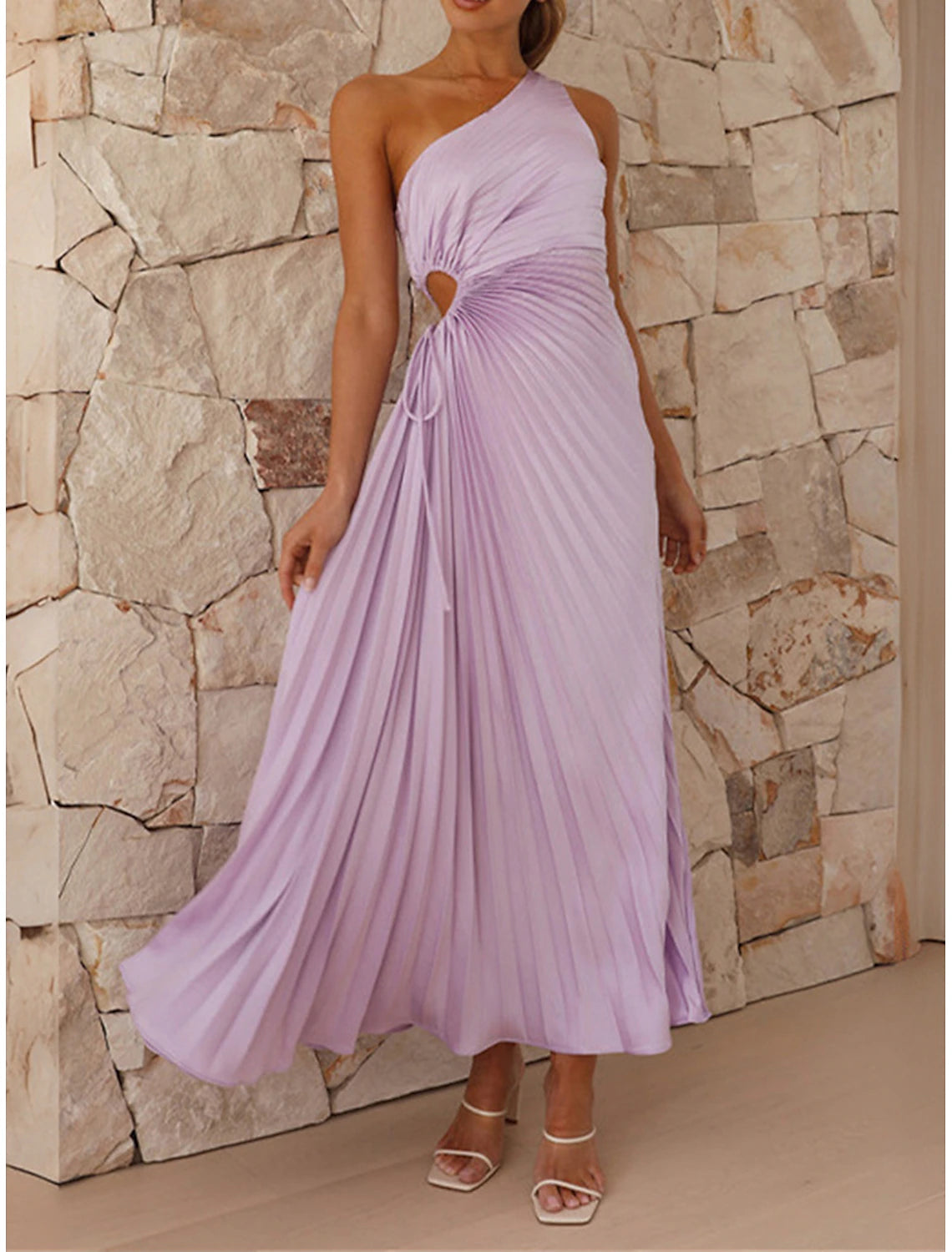 Women's Prom Dress Party Dress Cut Out Dress Pleated Drawstring One Shoulder Sleeveless Valentine's Day Wedding Guest Elegant Black Light Purple Summer Spring