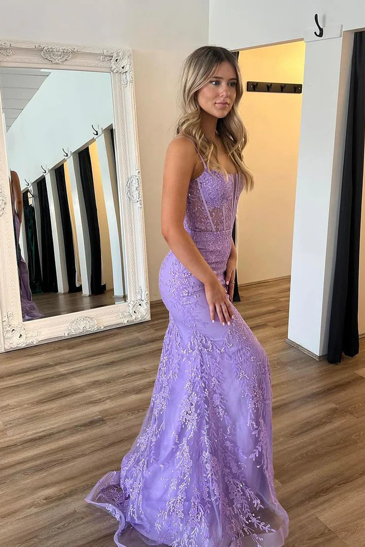 Mermaid round neck light purple long ball dress with decals