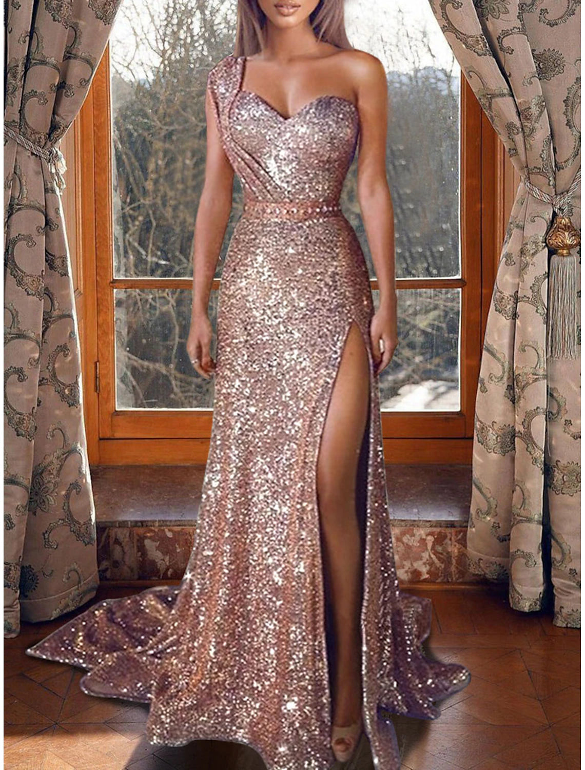 Mermaid Evening Gown Sequin Dress Wedding Guest Prom Court Train Sleeveless One Shoulder with Slit Masquerade Dress