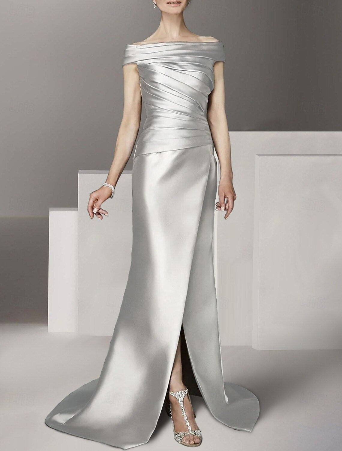 A-Line Mother of the Bride Dress Formal Wedding Guest Elegant Scoop Neck Off Shoulder Floor Length Ankle Length Italy Satin Cap Sleeve with Ruching