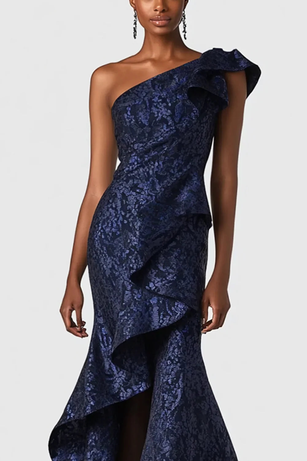 Navy Blue One Shoulder Mermaid Long Ruffle Ball Dress