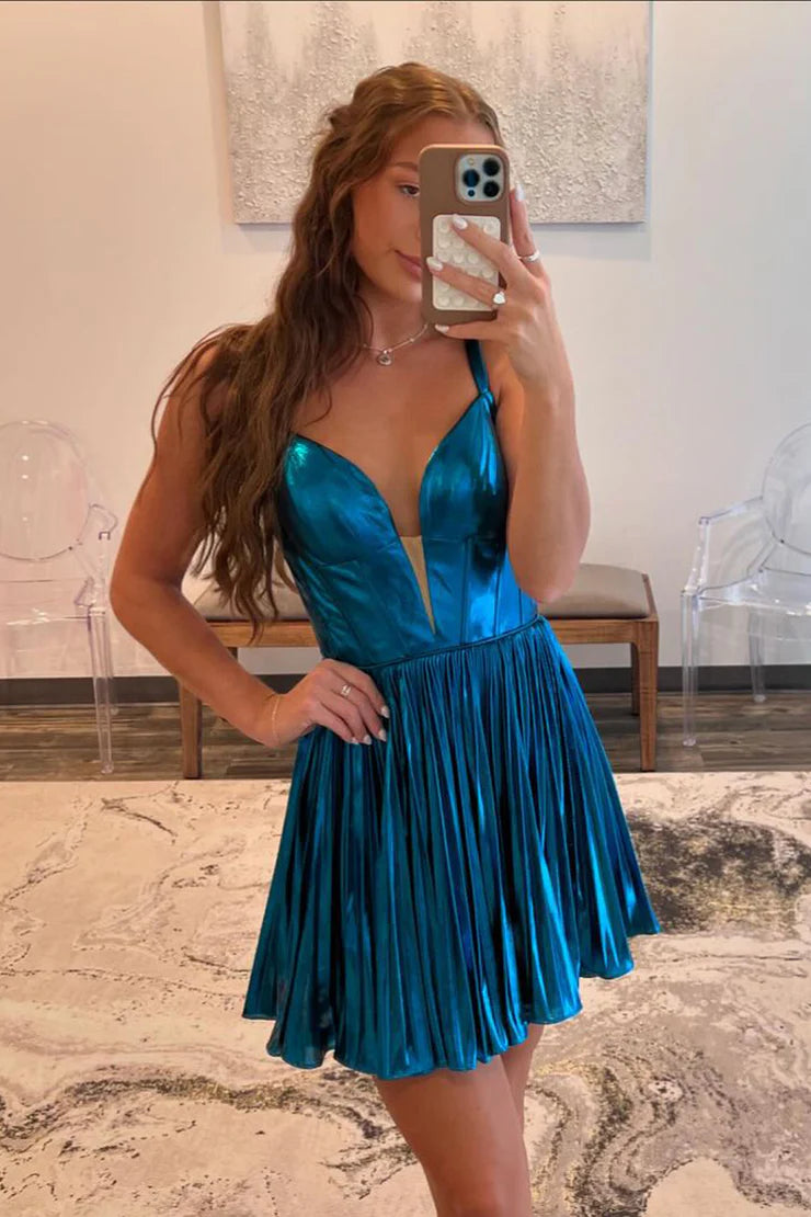 A-Line V Neck Peacock Blue Pleated Satin Short Homecoming Dresses