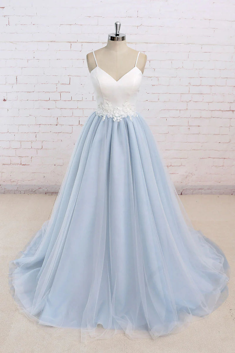 Simple blue tulle long prom dress tulle wedding dress