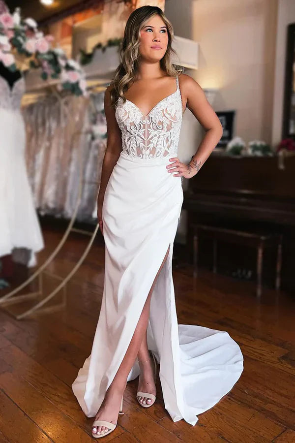 Simple Elegant Mermaid Sweetheart Elastic Satin Long Beach Wedding Dresses Slit