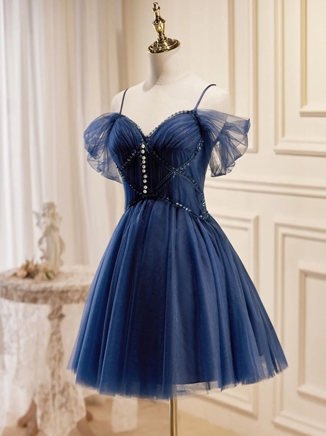 Dark Blue V Neck Tulle Short Prom Dress Blue Homecoming Dress