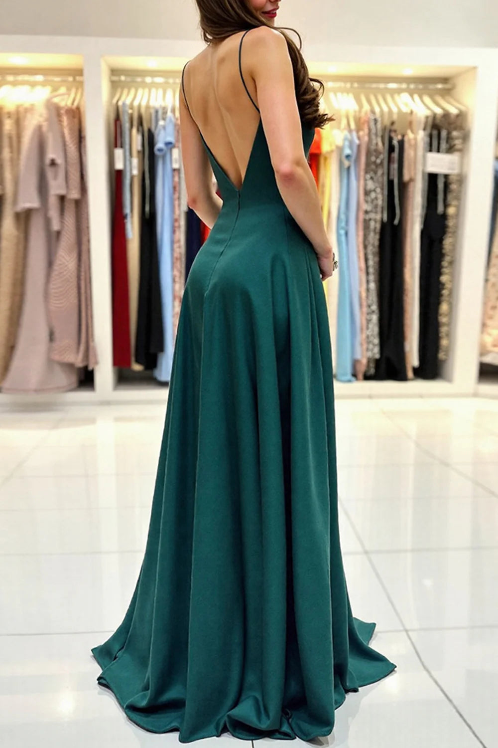 Green and minimalist A-line version long slim shoulder strap sling slit ball skirt