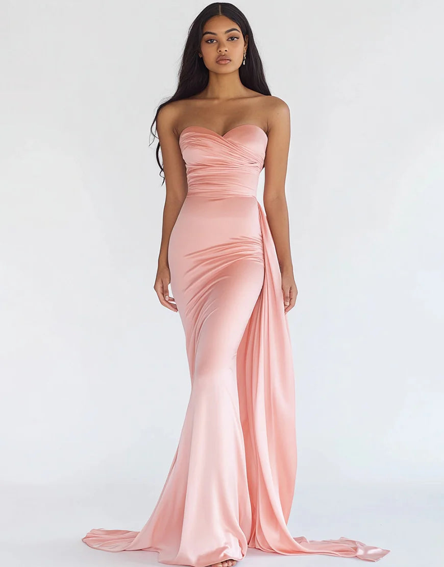 Mermaid Strapless Pink Satin Prom Dress with Cape