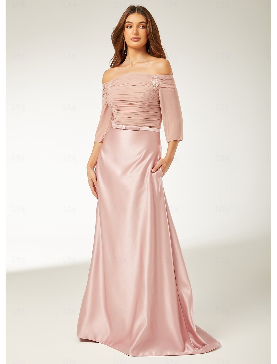 A-Line Evening Gown Elegant Dress Engagement Floor Length Half Sleeve Off Shoulder Fall Wedding Guest Chiffon with Ruched