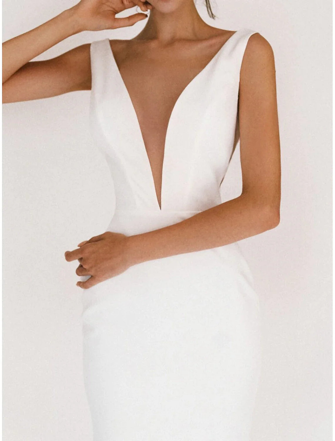 DingJiDress Reception Little White Dresses Wedding Dresses Sheath / Column V Neck Sleeveless Ankle Length Satin Bridal Gowns