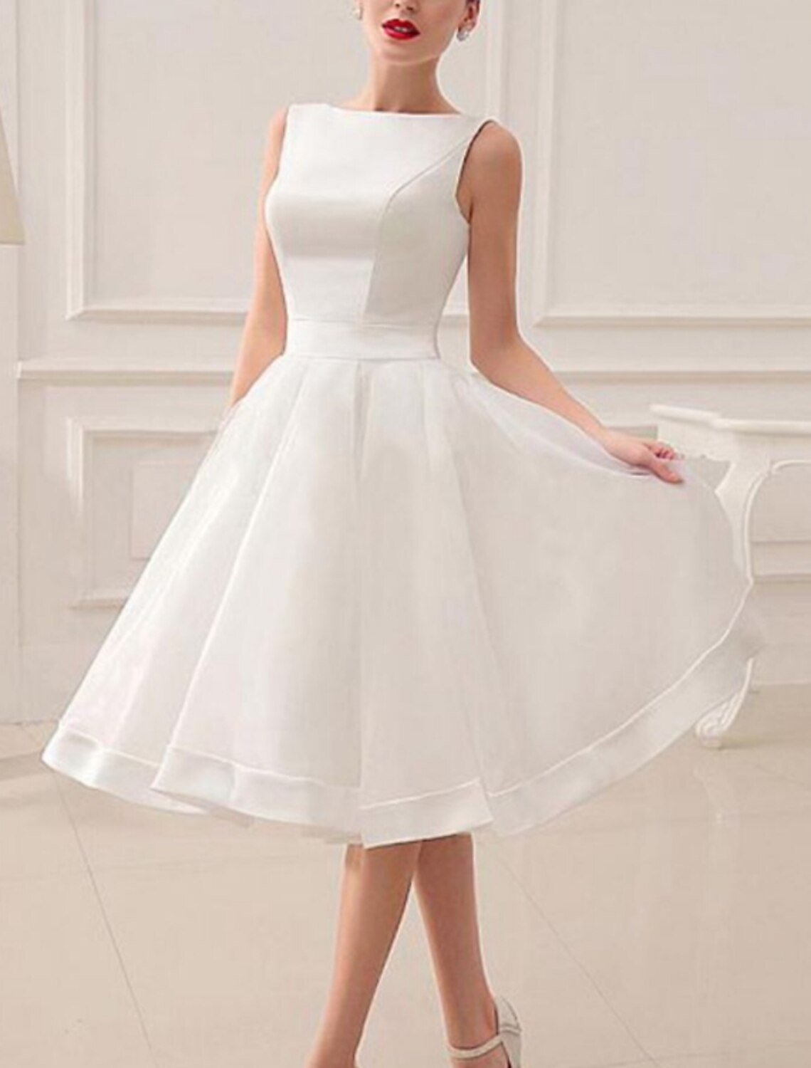 DingJiDress Reception Vintage 1940s / 1950s Little White Dresses Wedding Dresses A-Line Scoop Neck Sleeveless Knee Length Satin Bridal Gowns With Bow(s)