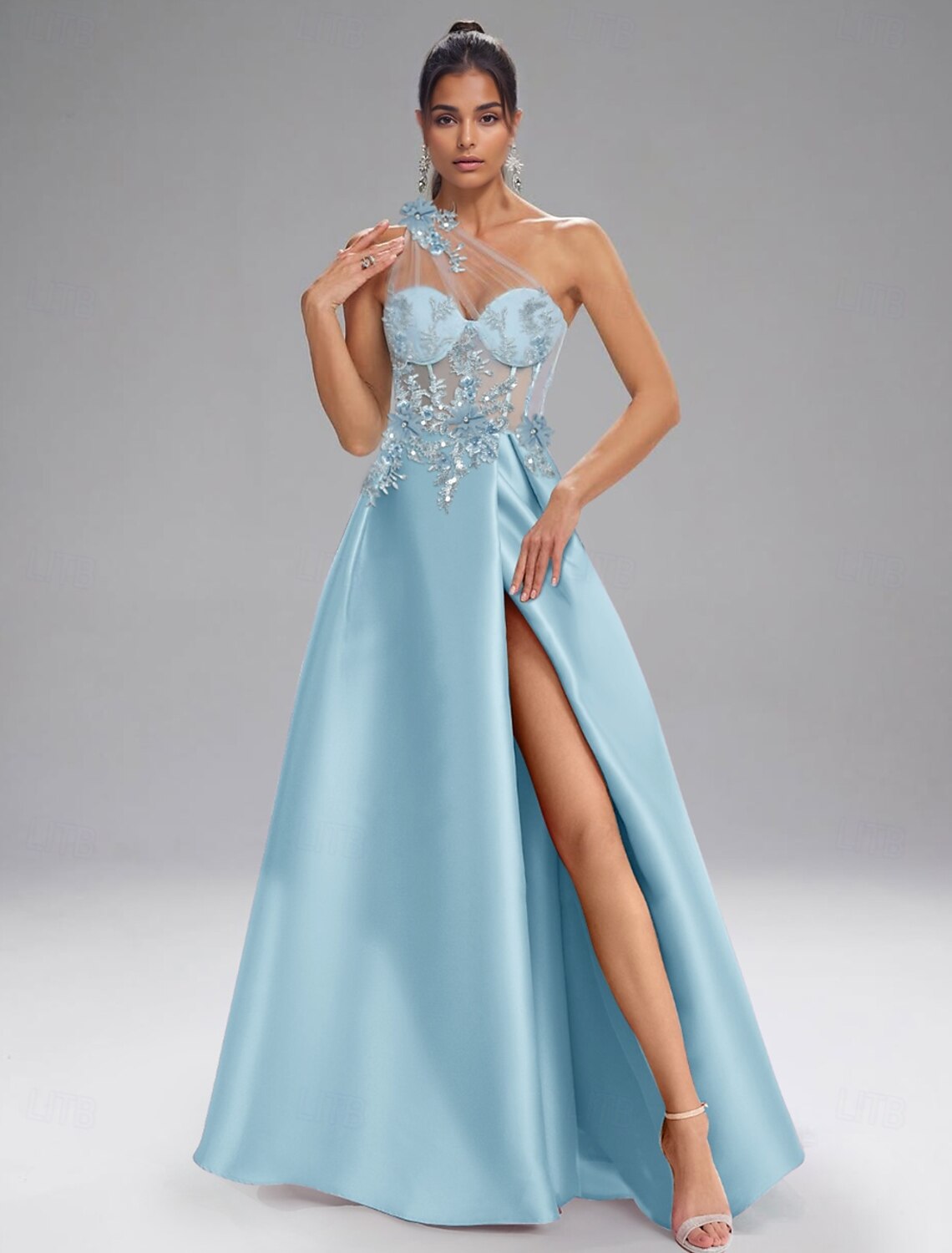 A-Line Prom Dresses Elegant Dress Formal Evening Party Floor Length Sleeveless One Shoulder Ruched Tulle Satin with High Slit