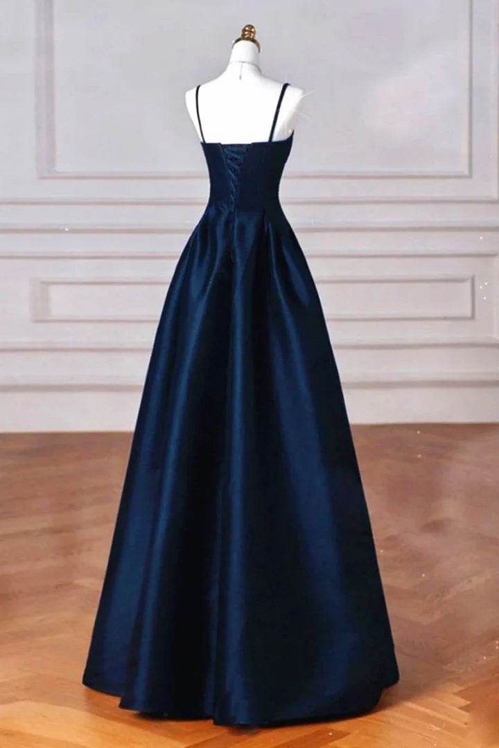A-line Navy Blue Satin Straps Long Formal DressNavy Blue Prom Dress
