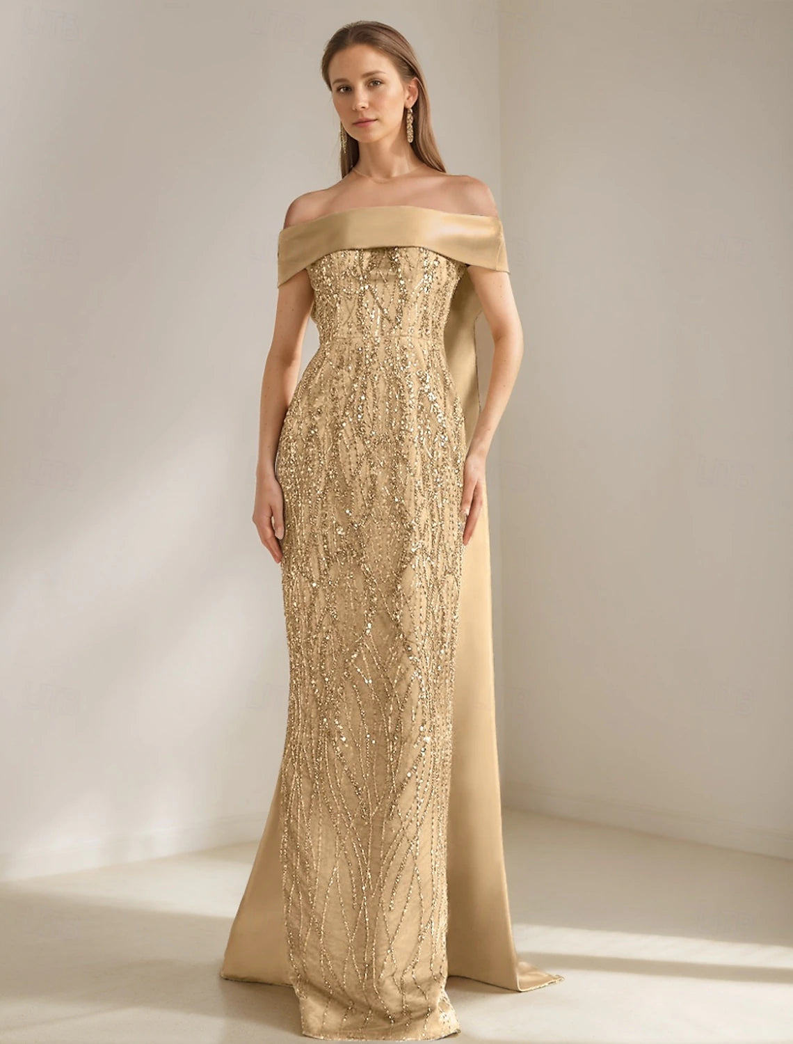 Sheath Evening Gown Elegant Dress Wedding Guest Floor Length Short Sleeve Off Shoulder Satin with Glitter Crystals