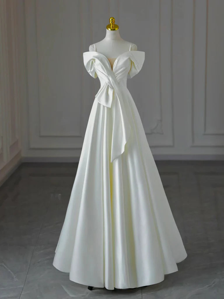 A-Line Off Shoulder Satin White Long Prom Dress White Long Formal Dress