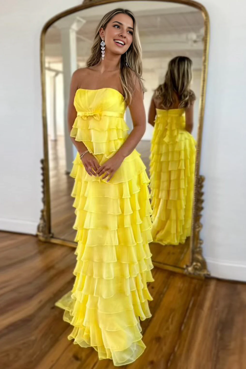DingJiDress Lovely A-Line Strapless Zipper Back Long Ruched Tiered Exquisite Prom Dress