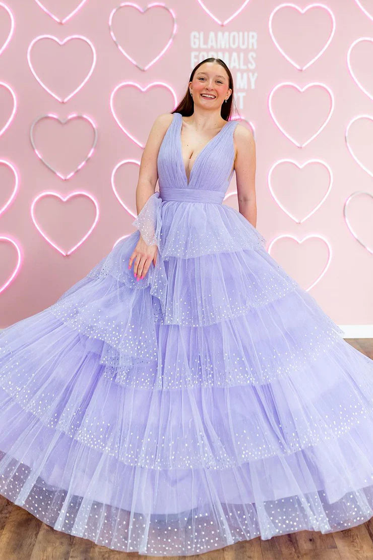 Sparkling A-line V-neck lavender ruffled layered long ball dress with bead embellishments