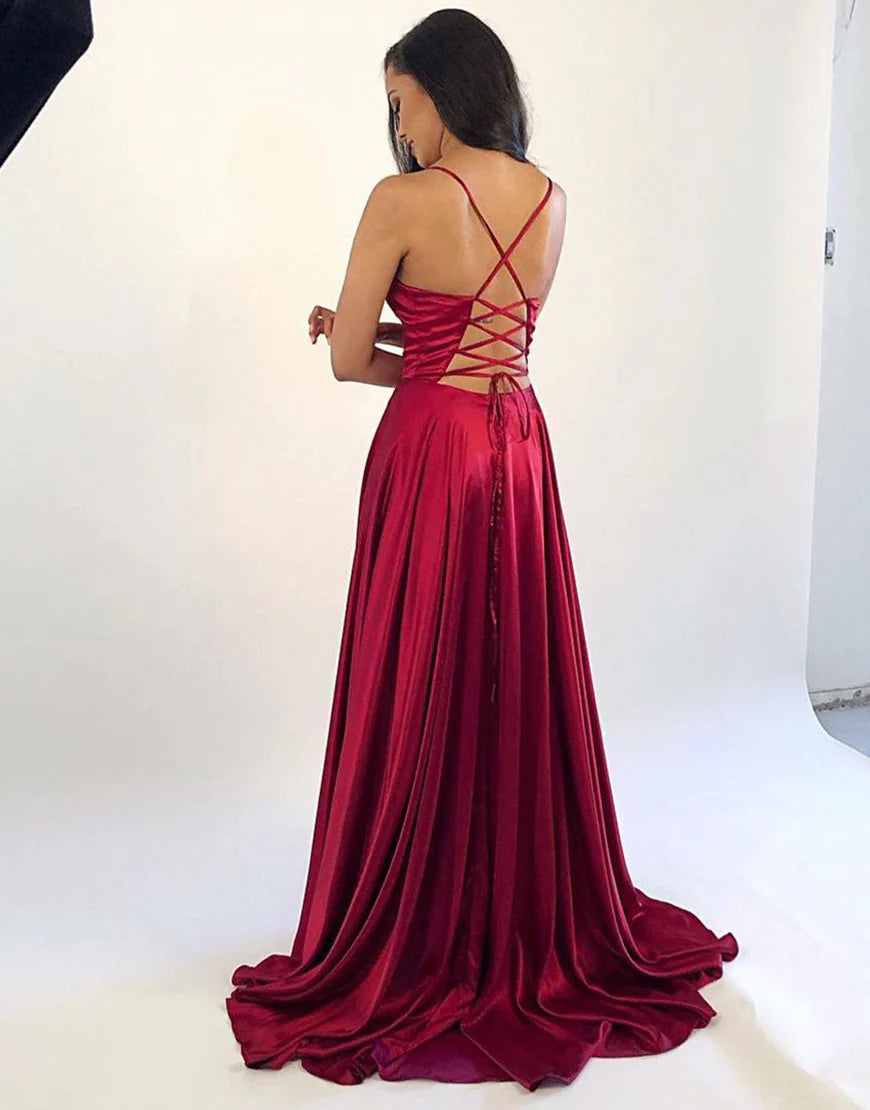 Satin Deep Red Long Split Ball Dress