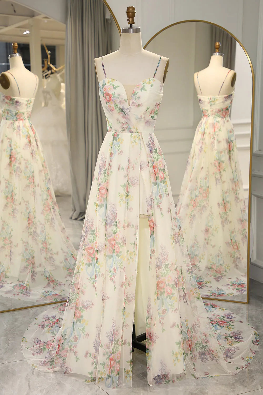 Long style minimalist split A-line printed back zipper party dress