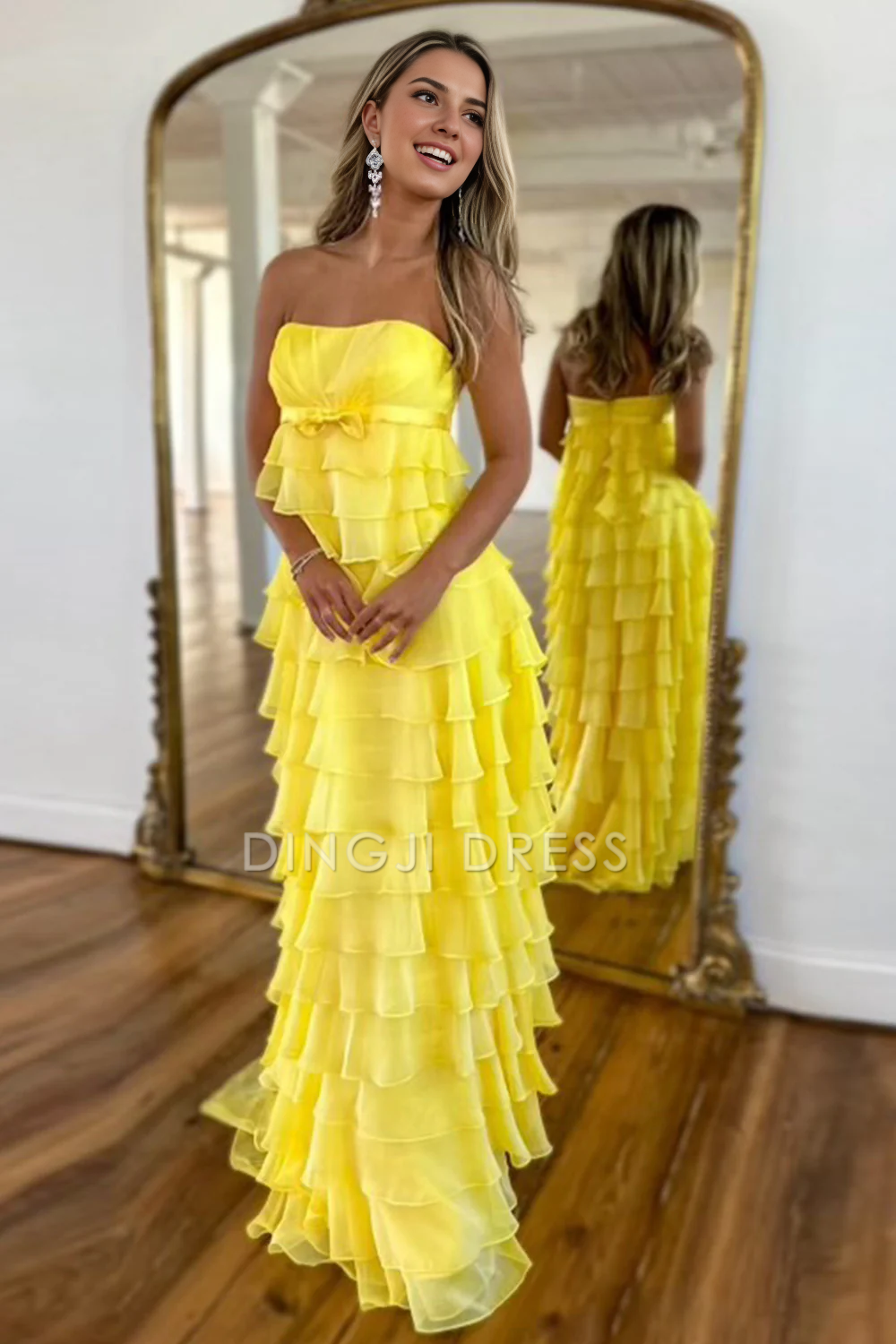 DingJiDress Lovely A-Line Strapless Zipper Back Long Ruched Tiered Exquisite Prom Dress