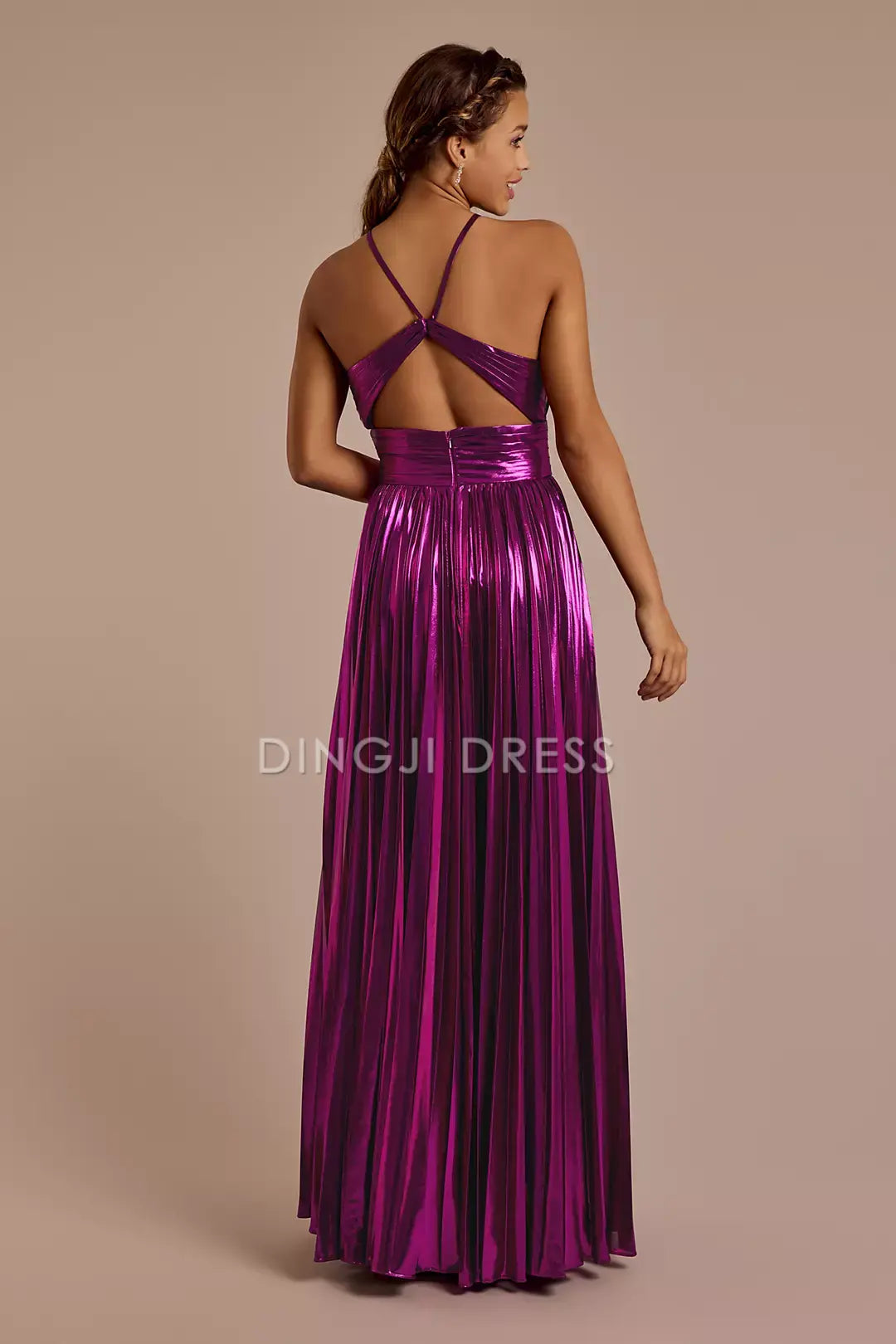 DingJiDress Cute A Line Straps Metallic Pleat Satin Long with Slit High Quality Prom Dress