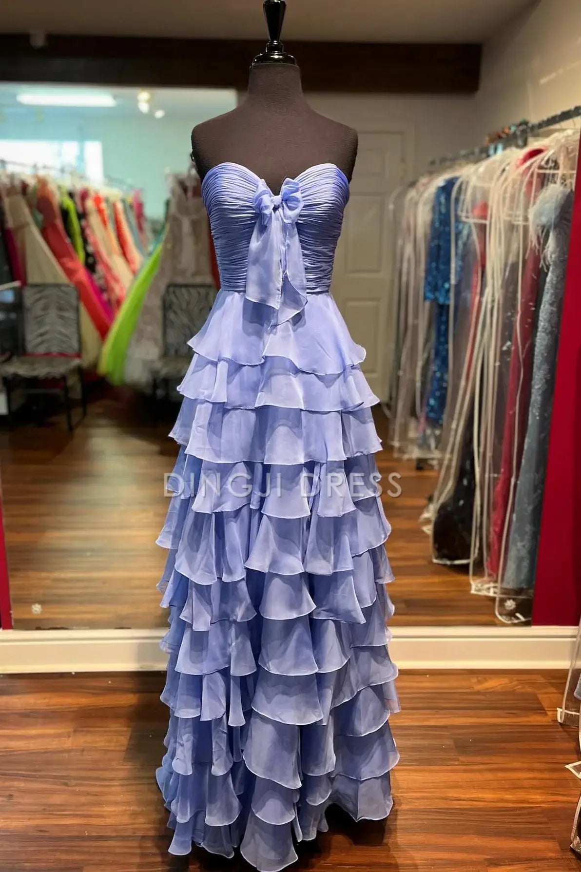 DingJiDress Cute A-Line Sweetheart Strapless Tiered Chiffon Side Fork Elegant Prom Dress