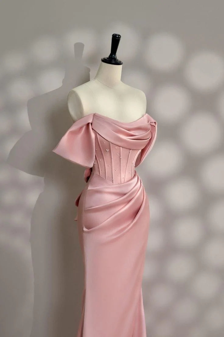Minimally designed long pink satin off shoulder ball gown and evening gown