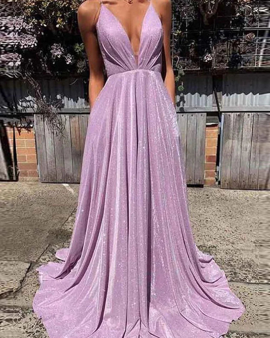 A-Line Light Blue V-Neck Backless Prom Gown