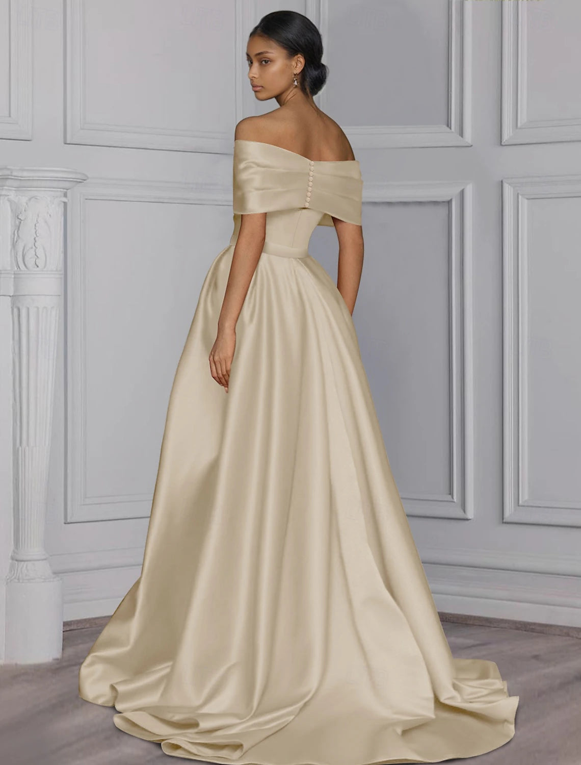Evening Dress With Detachable Skirt Off Shoulder Elegant Pleats Drapped Formal Wedding Guest Elegant Party Floor Length Off Shoulder Sleeve Satin Solid Colour