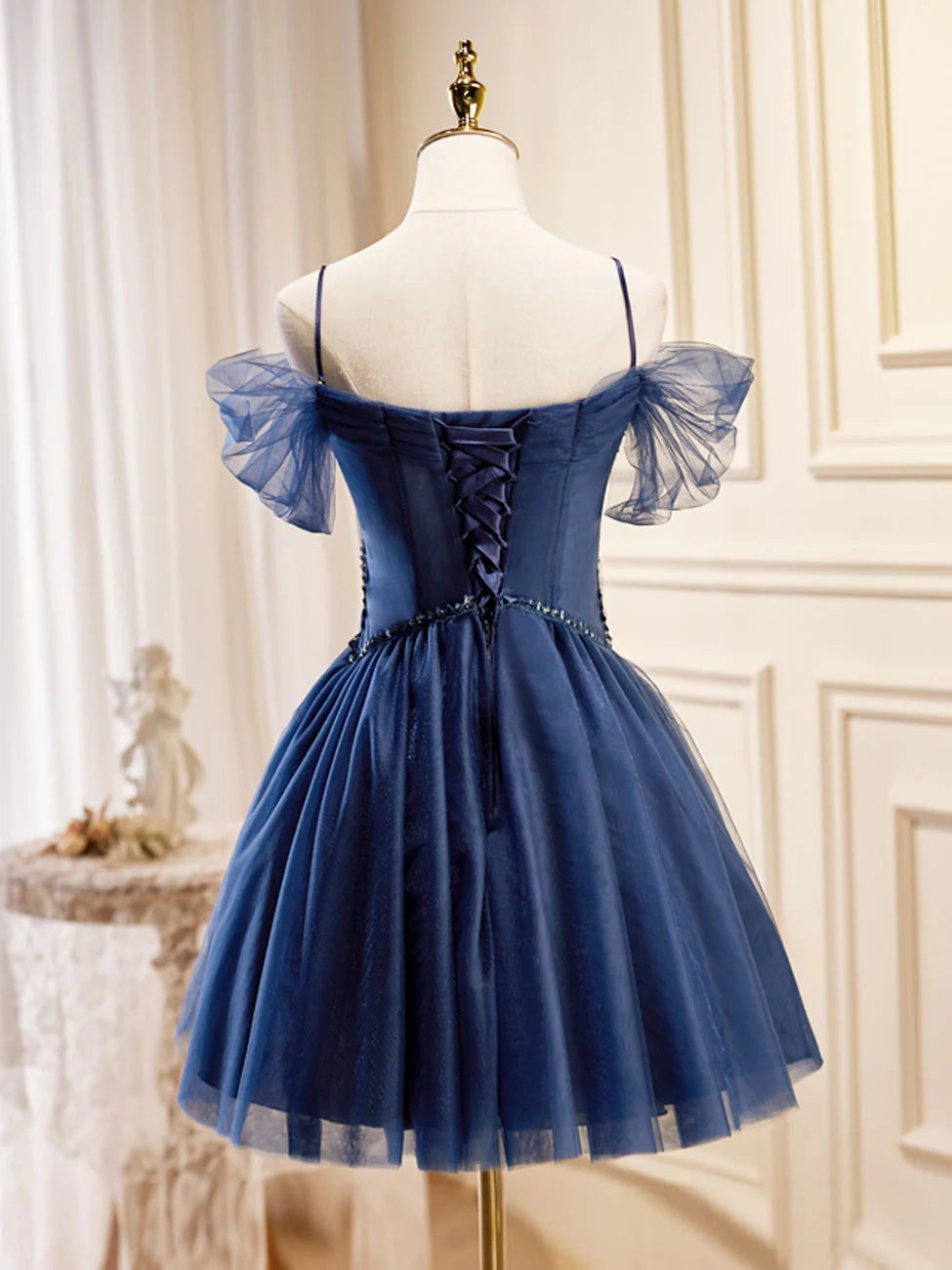Dark Blue V Neck Tulle Short Prom Dress Blue Homecoming Dress