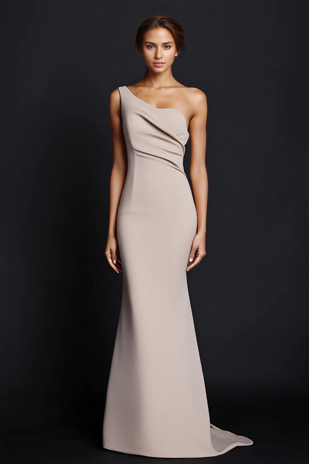 Elegant khaki single shoulder mermaid pleated long satin ball gown