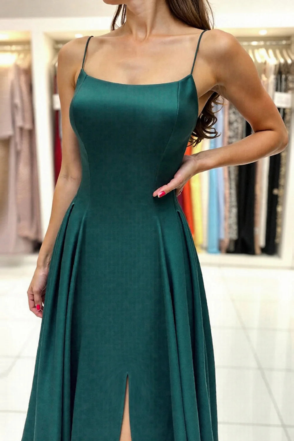 Green and minimalist A-line version long slim shoulder strap sling slit ball skirt