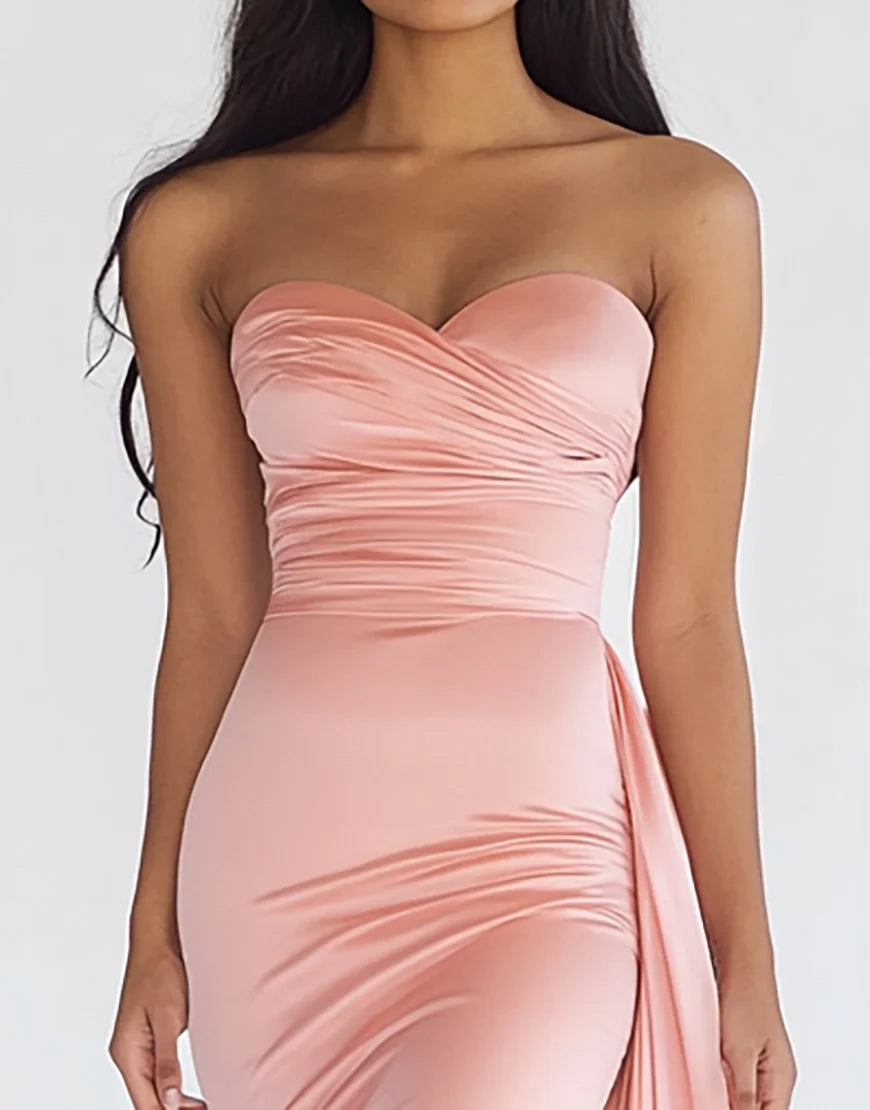 Mermaid Strapless Pink Satin Prom Dress with Cape